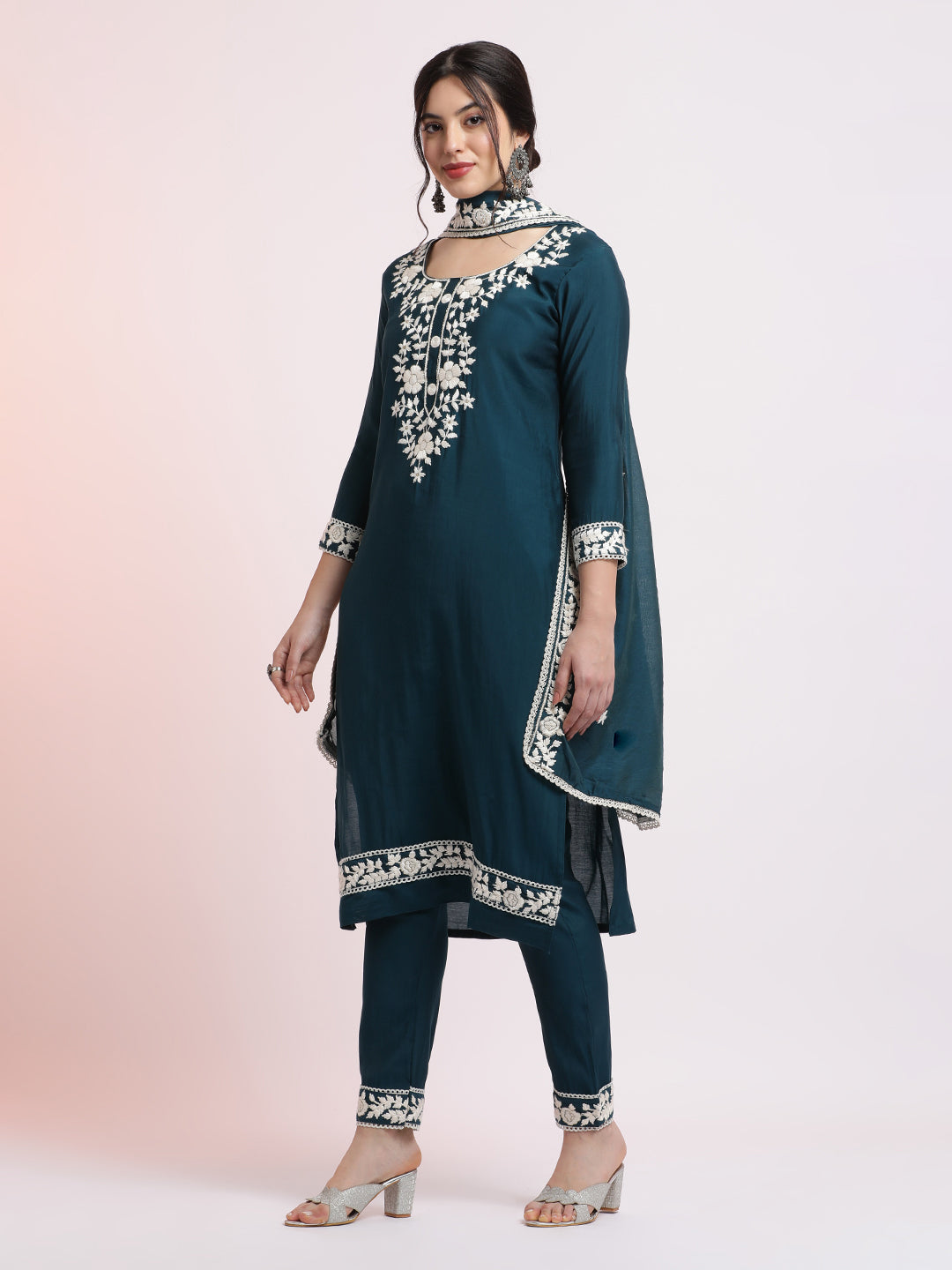 Teal Floral Embroidered Festive Kurta Set With Dupatta