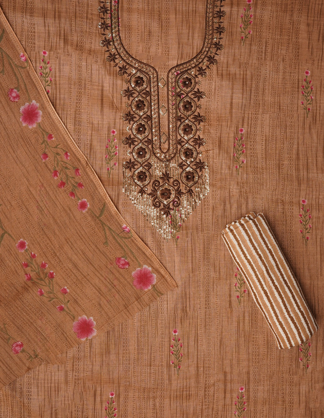 Beige Embroidered Pure Cotton Dress Material with Dupatta