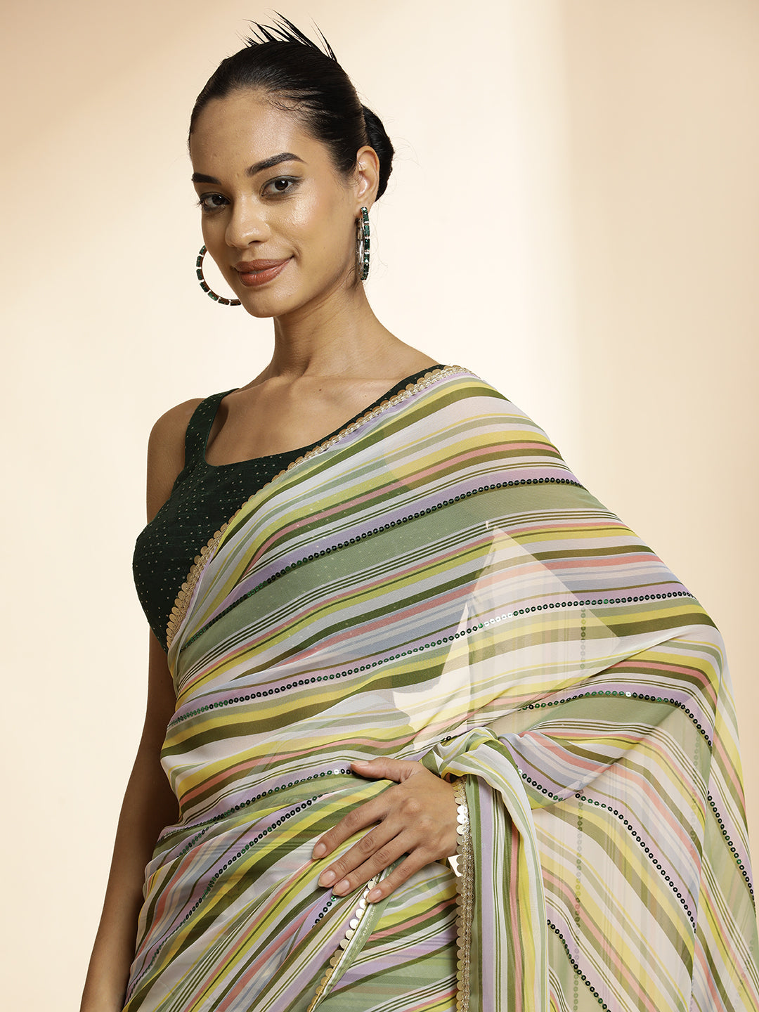 Olive Striped Sequin Embellished Festive Multicolor Saree