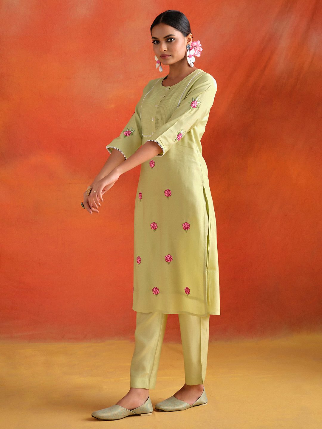 Lime Green Embroidered Viscose Chanderi Festive Kurta Set