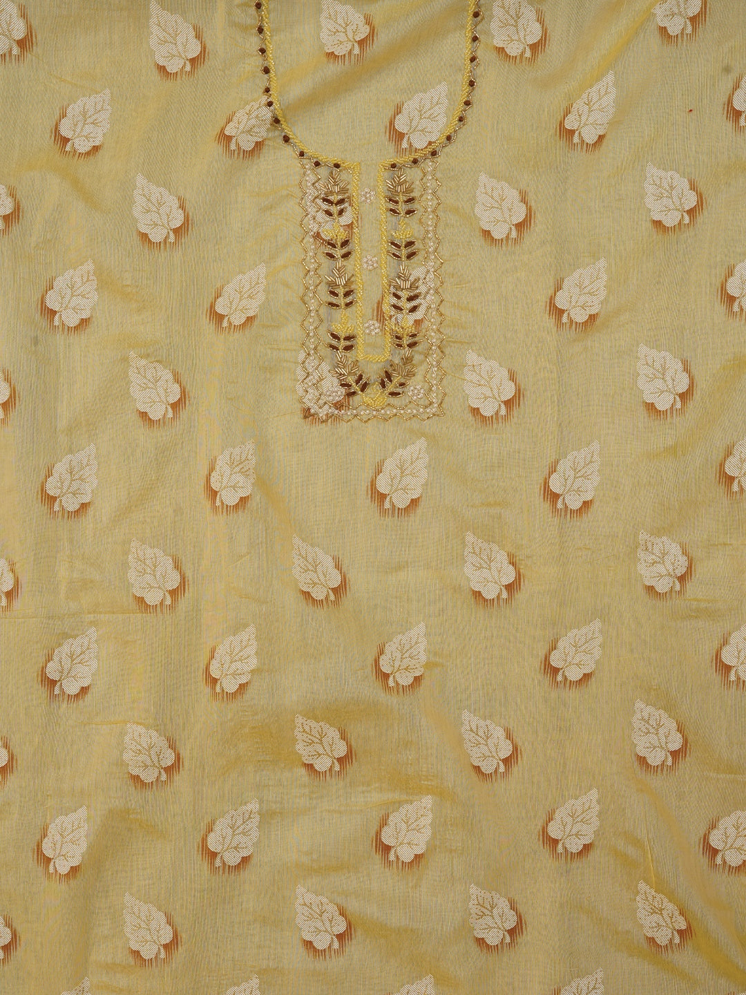 Yellow Embellished Woven Design Cotton Dress Material with Dupatta