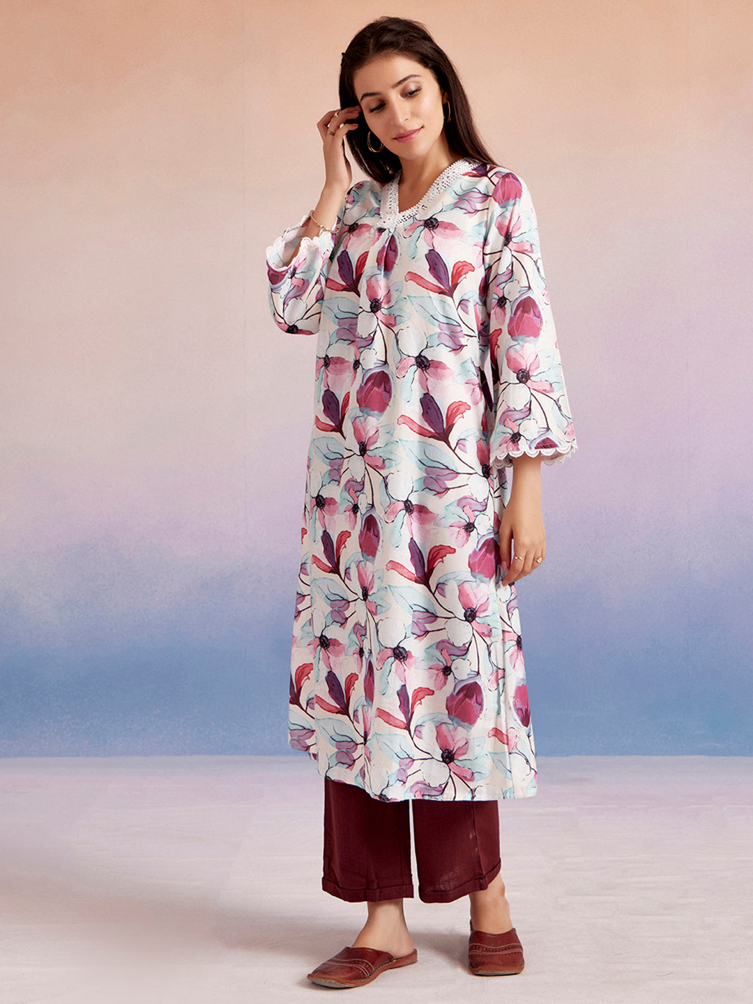 Off White & Magenta Floral Printed A-Line Kurta