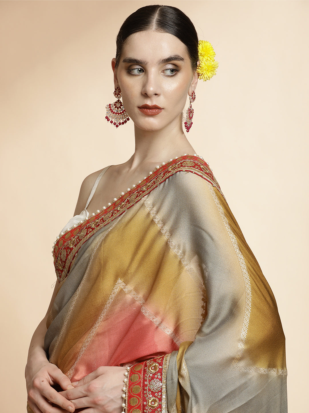 Mustard Traditional Bandhani Embroidered Pure Georgette Saree