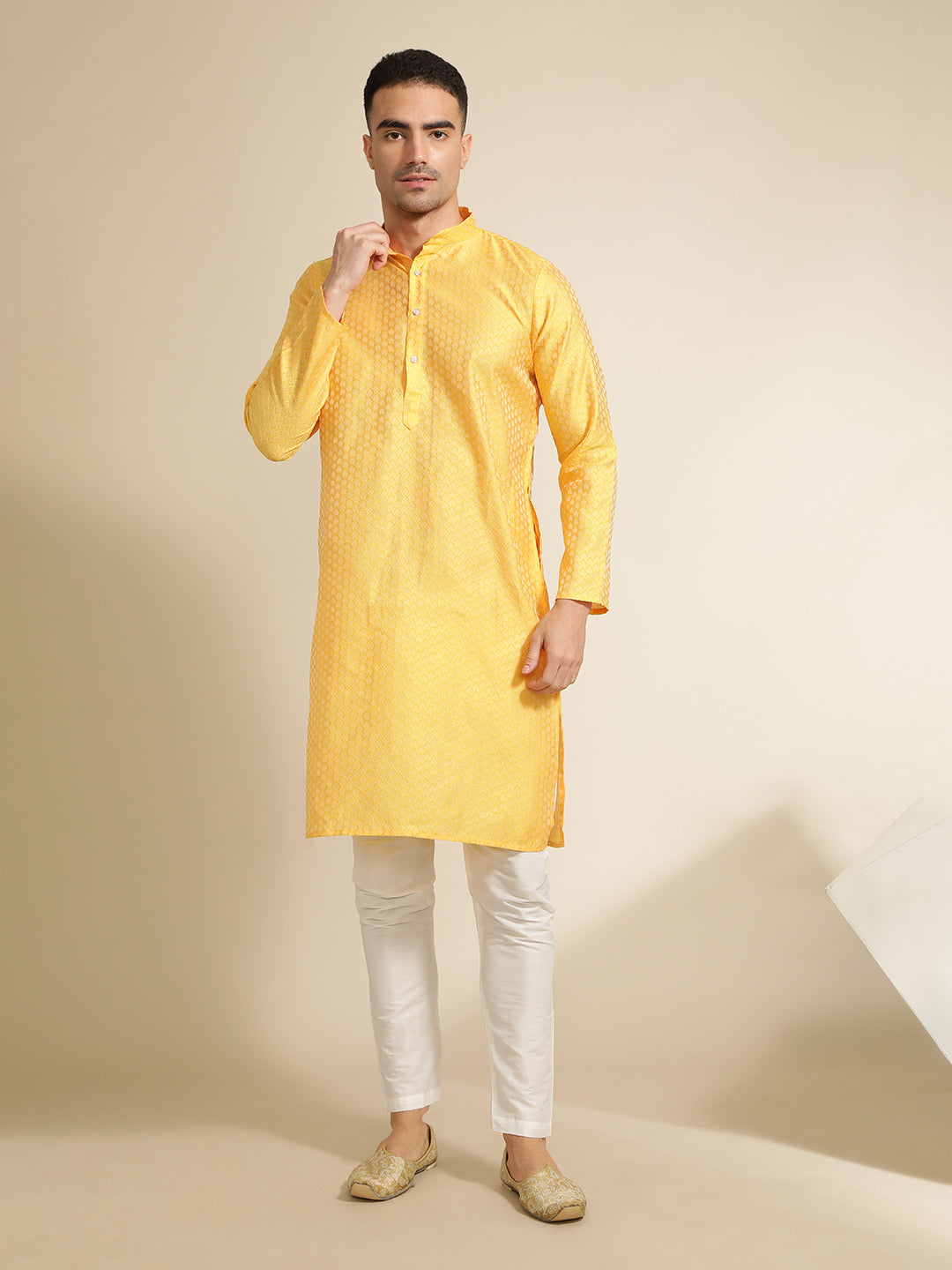 Yellow Silk Blend Kurta With Woven Design Nehru Jacket Set