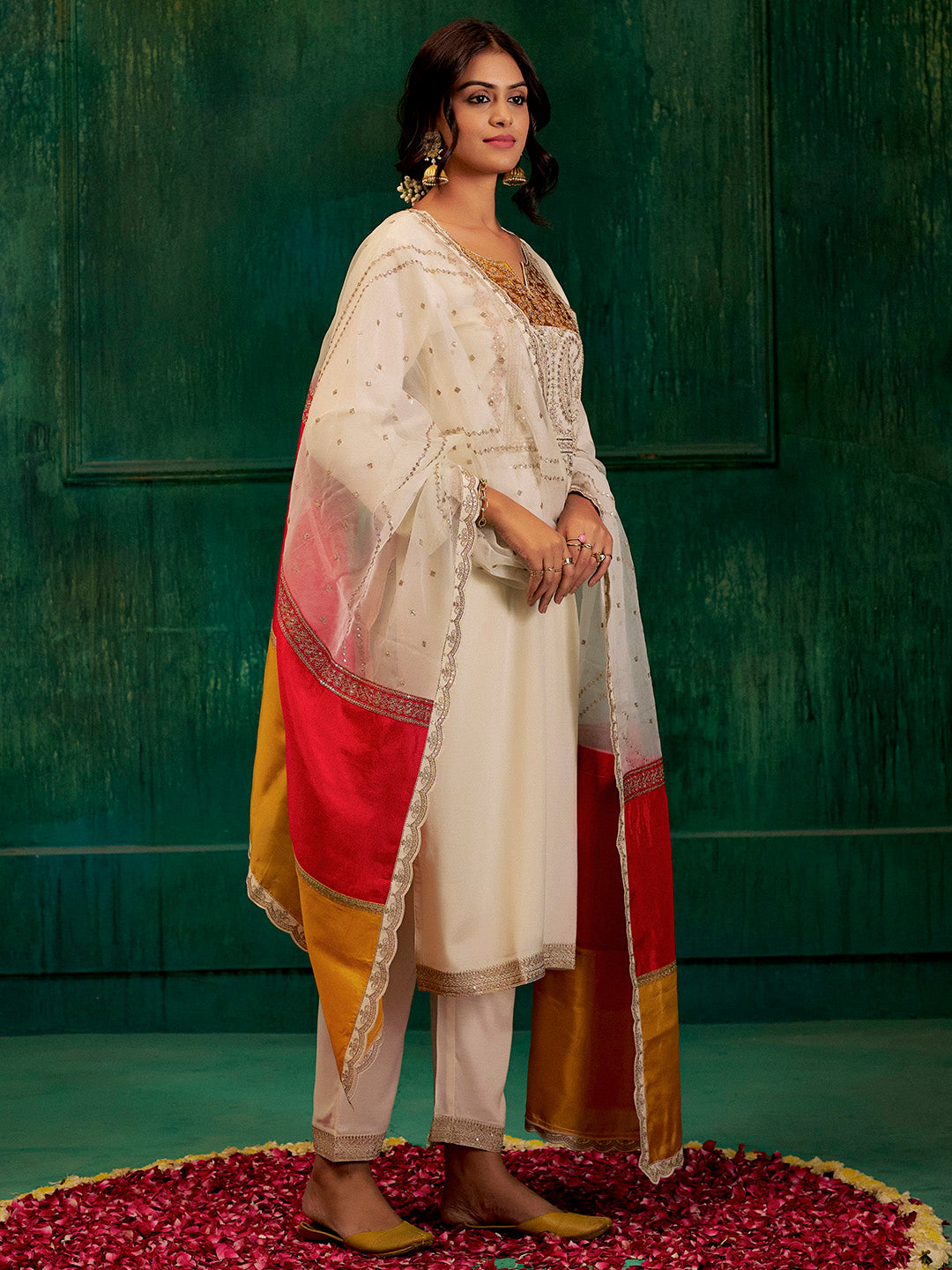 Cream & Mustard Zardozi Embroidered Festive Kurta Set With Dupatta