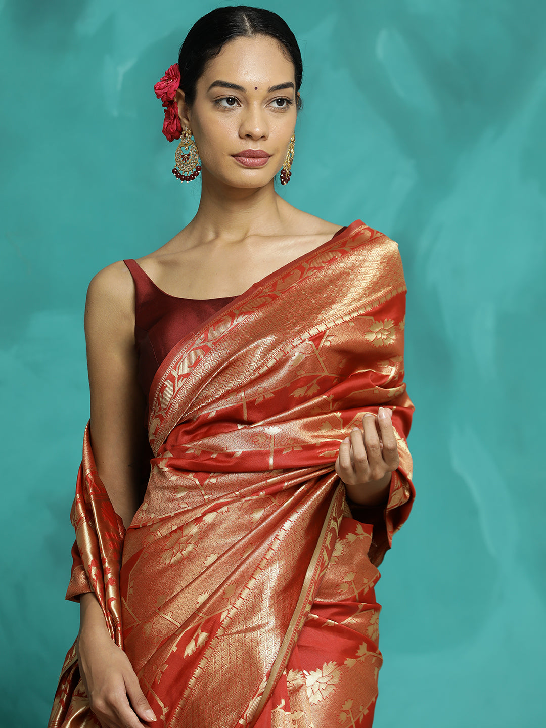 Party Wear Zari Red Banarasi Saree