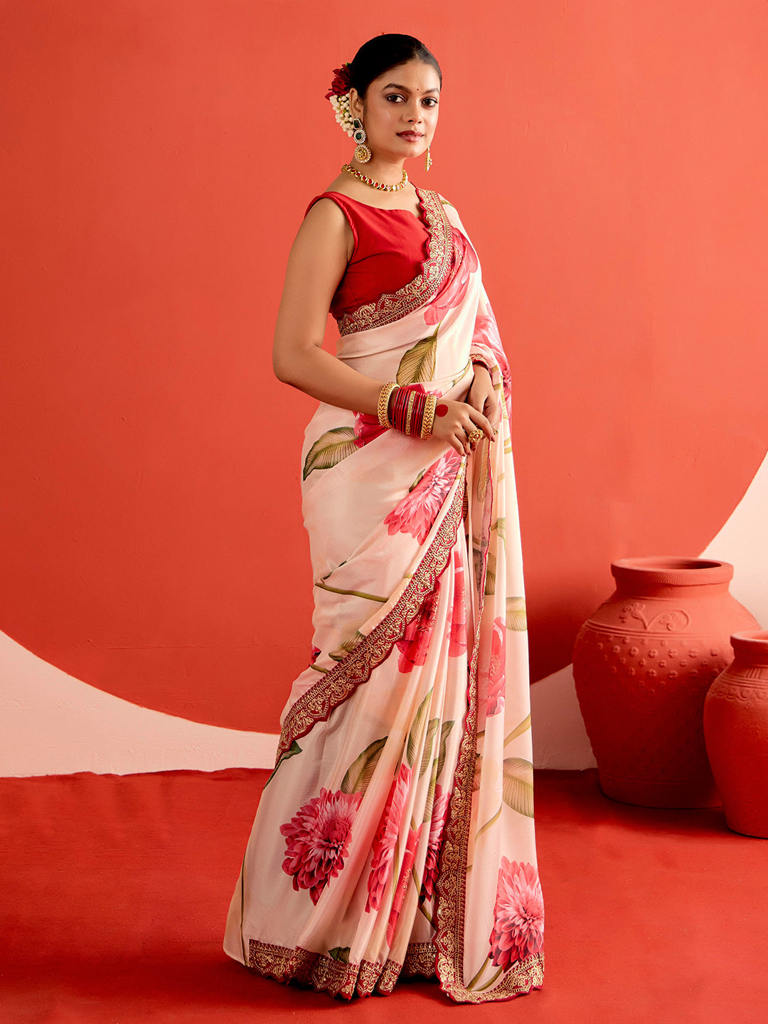 Floral Printed Fancy Lace Satin Saree