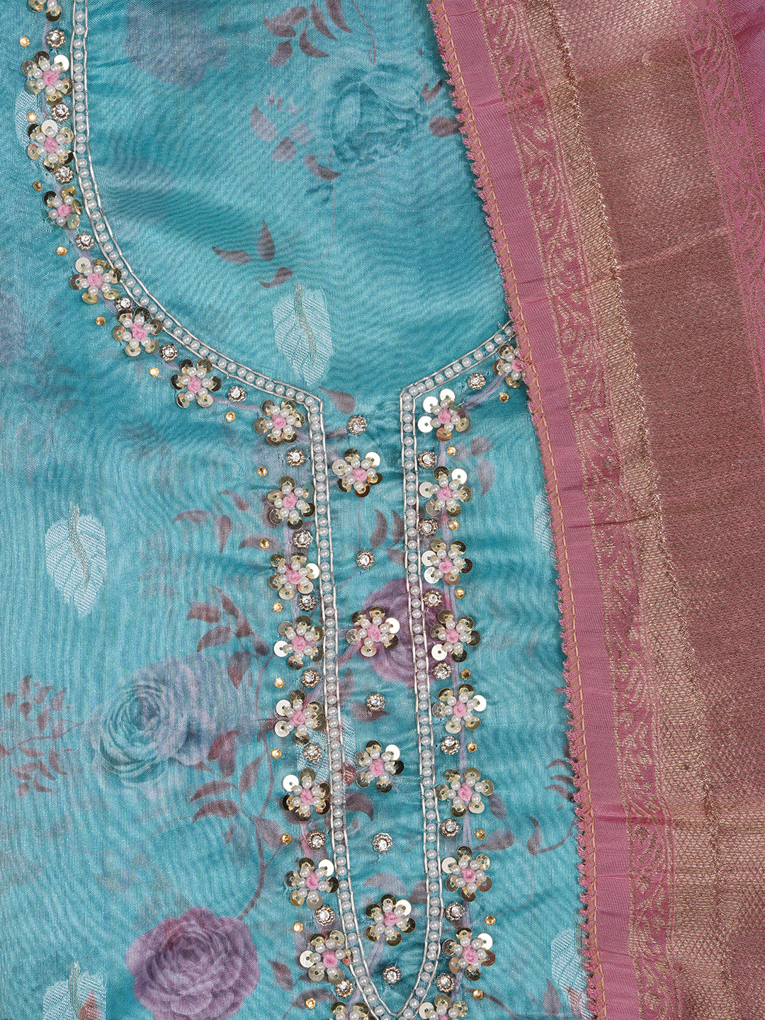 Sea Green Zari Embellished Organza Dress Material with Dupatta