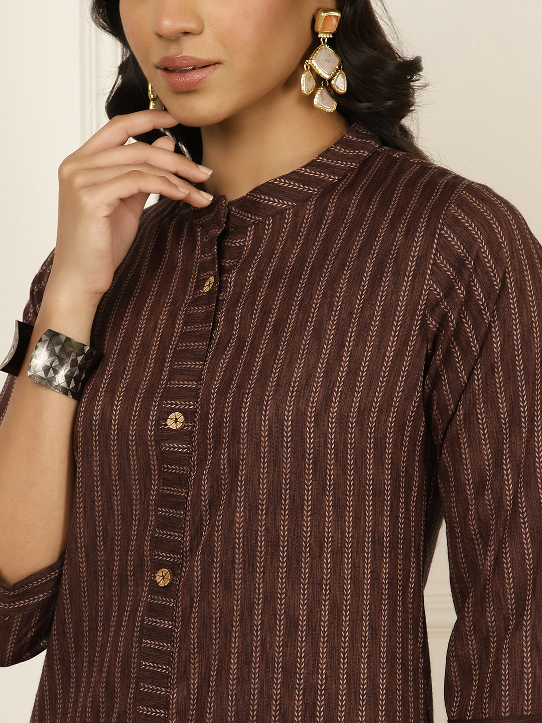 Brown Self-Design Straight Kurta With Palazzo