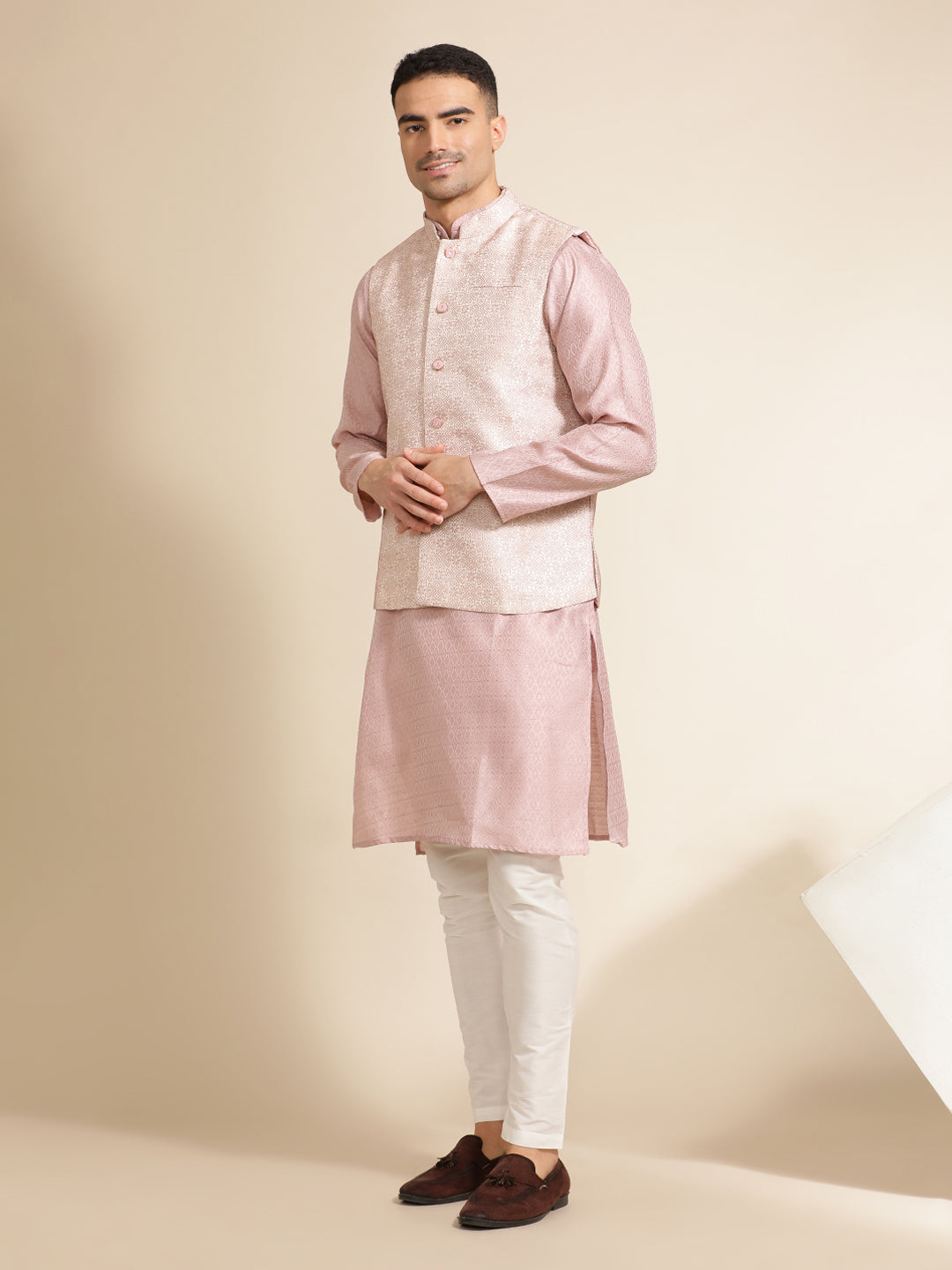 Onion Pink Silk Blend Kurta With Woven Design Nehru Jacket Set