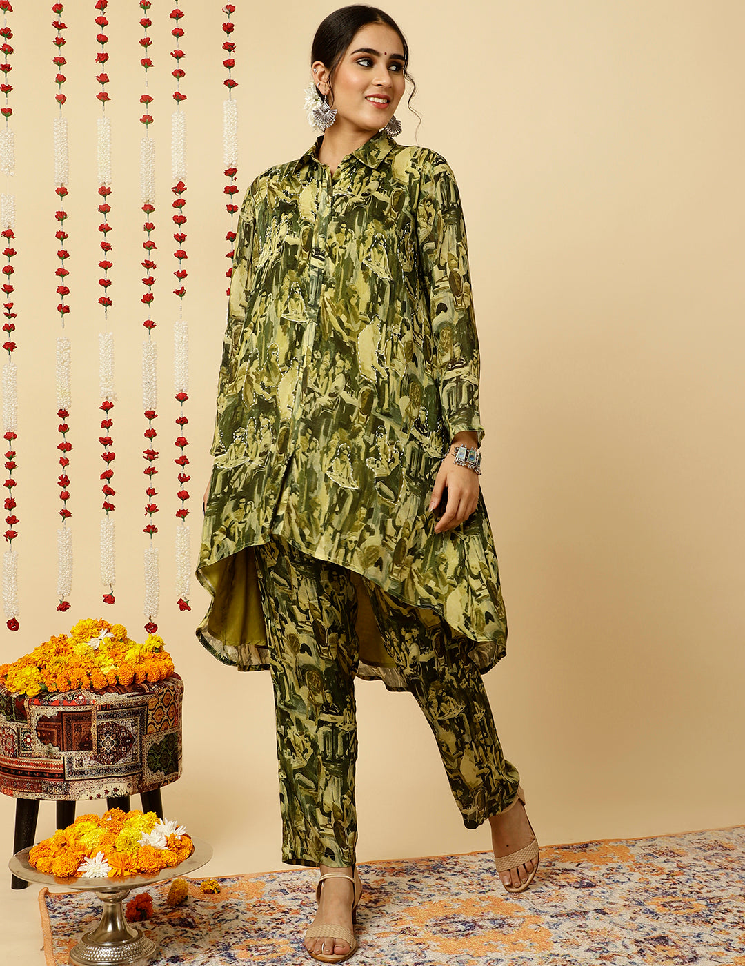 Green Abstract Printed Embroidered Co ord Set