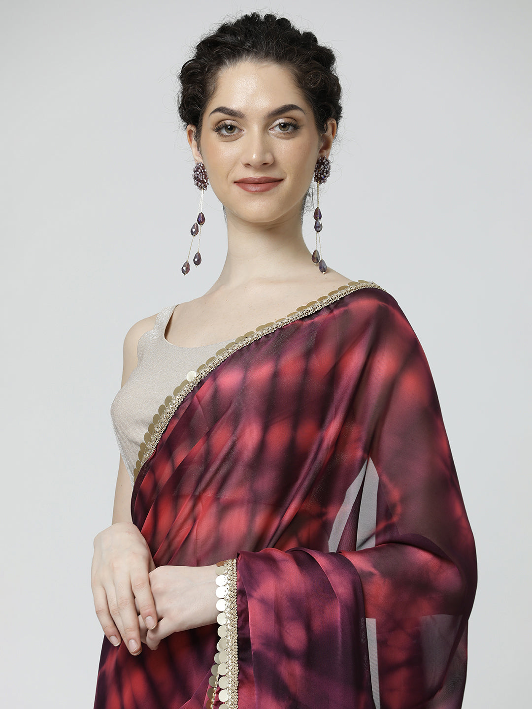 Maroon Embellished Satin Tie-Dye Saree