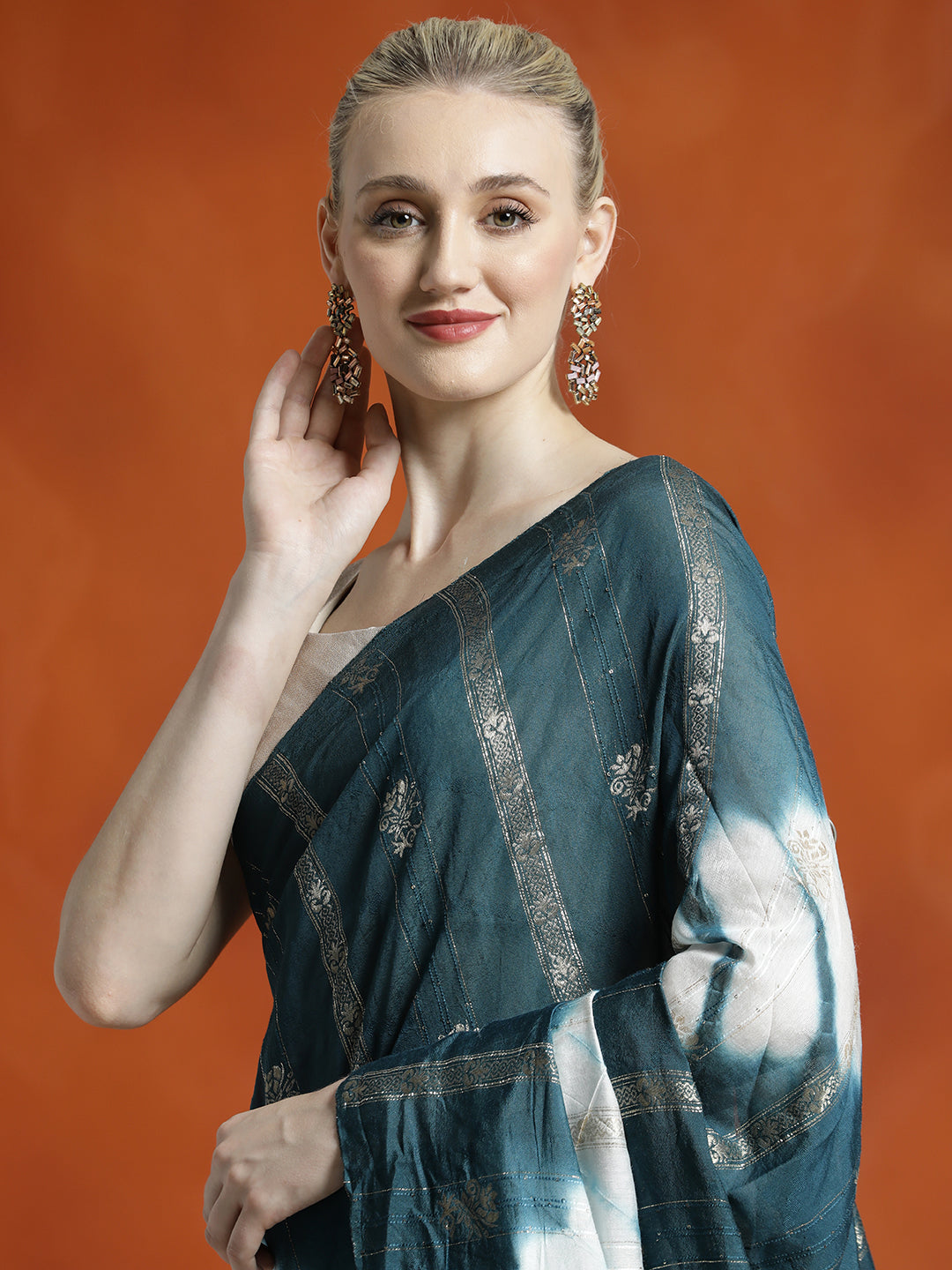 Teal Banarasi Zari Woven Cotton Blend Teal Saree