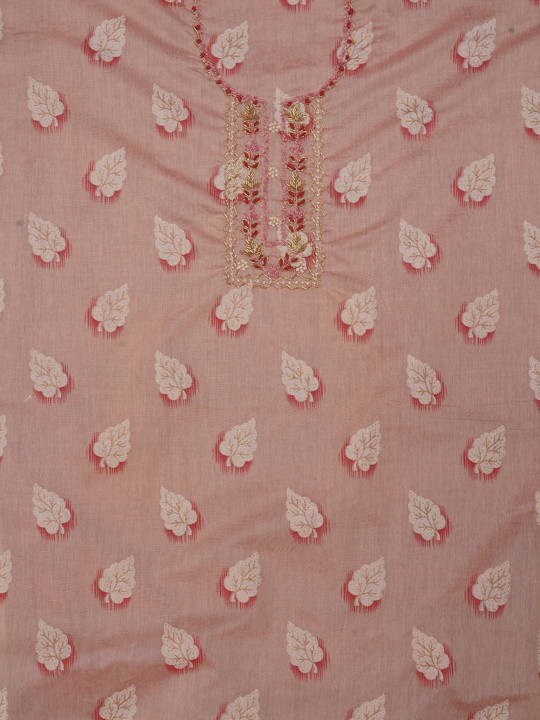 Peach Embellished Woven Design Cotton Dress Material with Dupatta