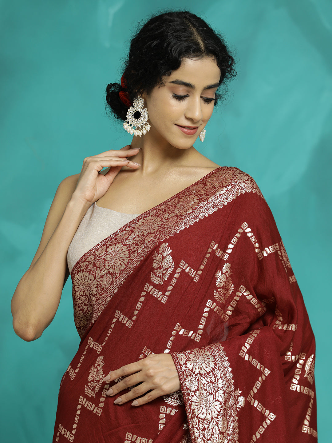 Maroon Heavy Banarasi Zari Woven Silk Blend Saree