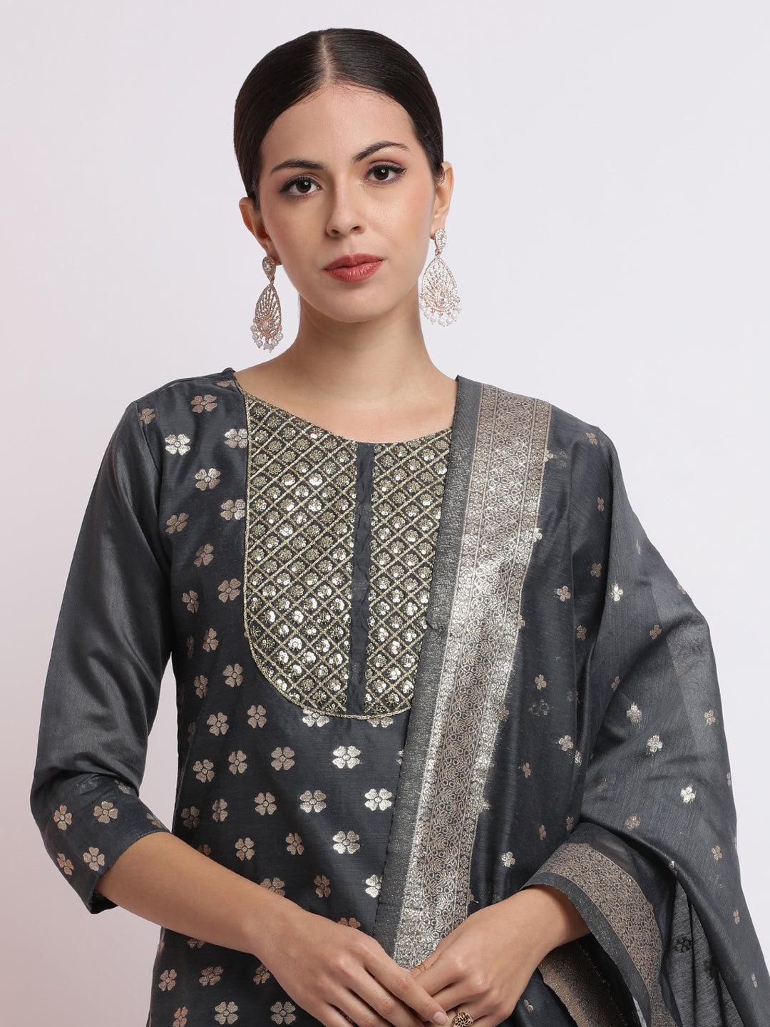 Embellished Chanderi Silk Kurta Set With Jacquard Dupatta