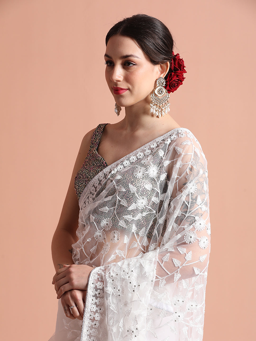 White Party Wear Floral Embroidered Net Saree