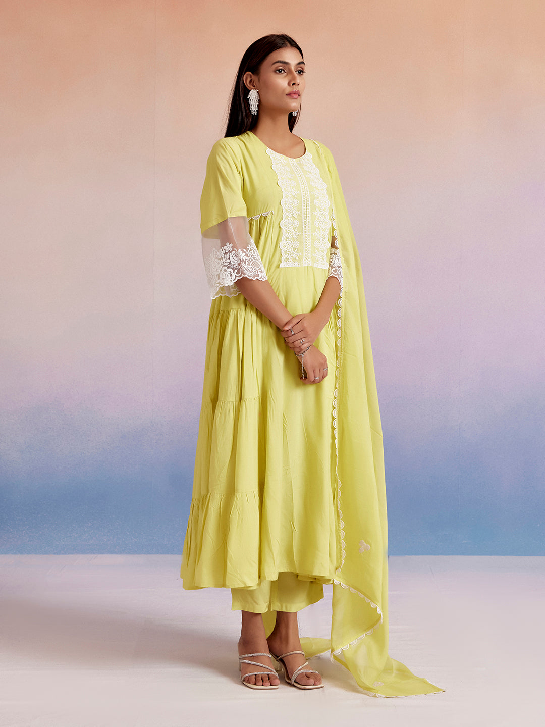 Lime Green Embroidered Tiered Festive Kurta Set With Dupatta