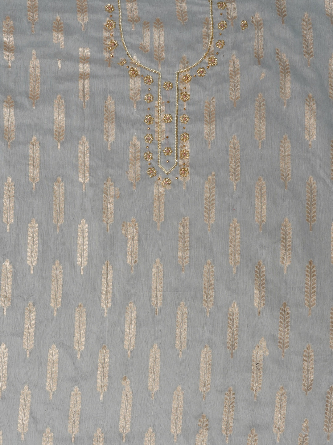 Grey Unstitched Zari Silk Blend Dress Material With Dupatta