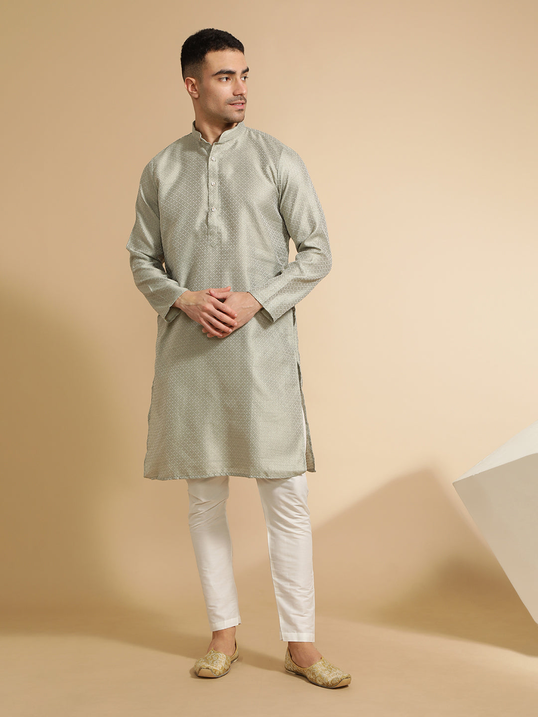 Light Grey Silk Blend Kurta With Woven Design Nehru Jacket Set