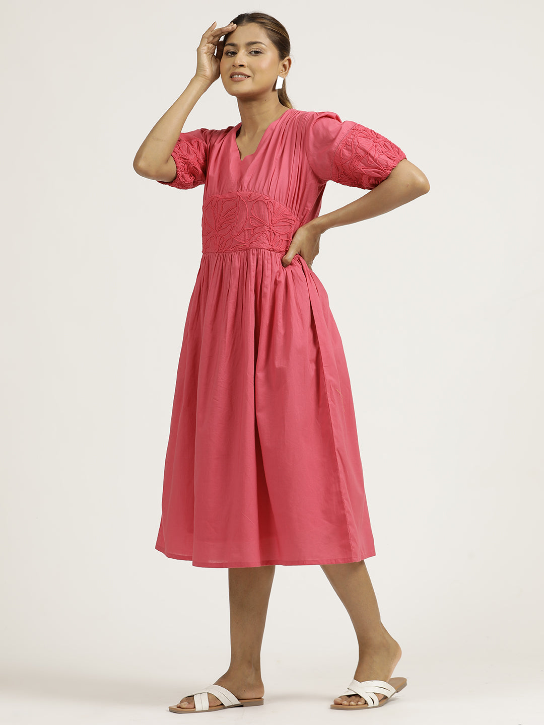 Pink Dori Embroidered Gathered Cotton Dress