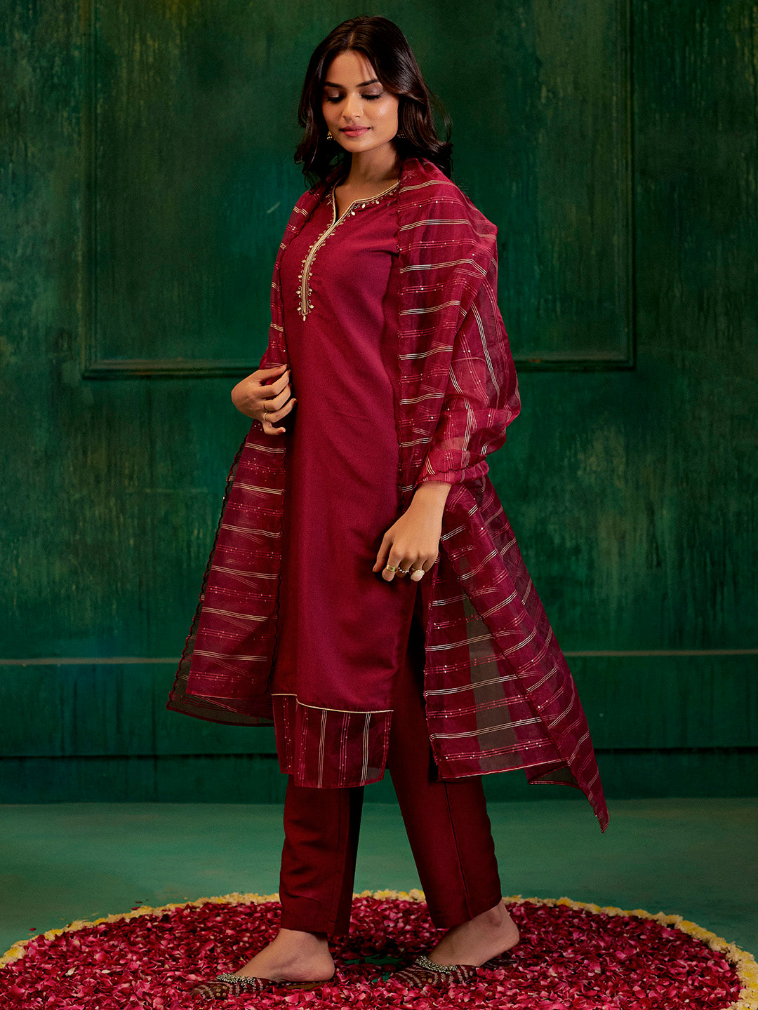 Maroon Festive Embroidered Poly Silk Kurta Set With Dupatta