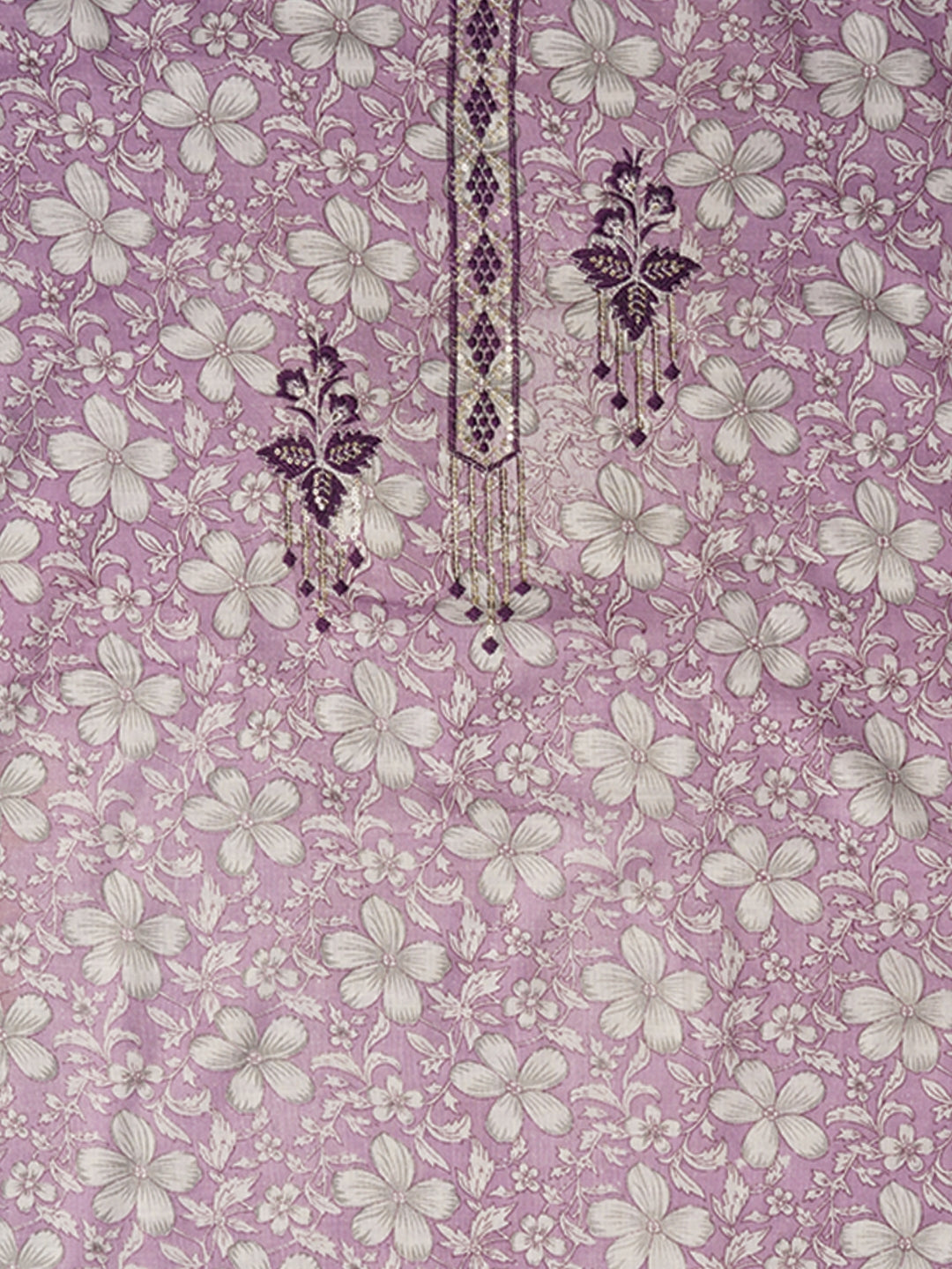 Lavender Embellished Floral Printed Pure Cotton Dress Material with Dupatta