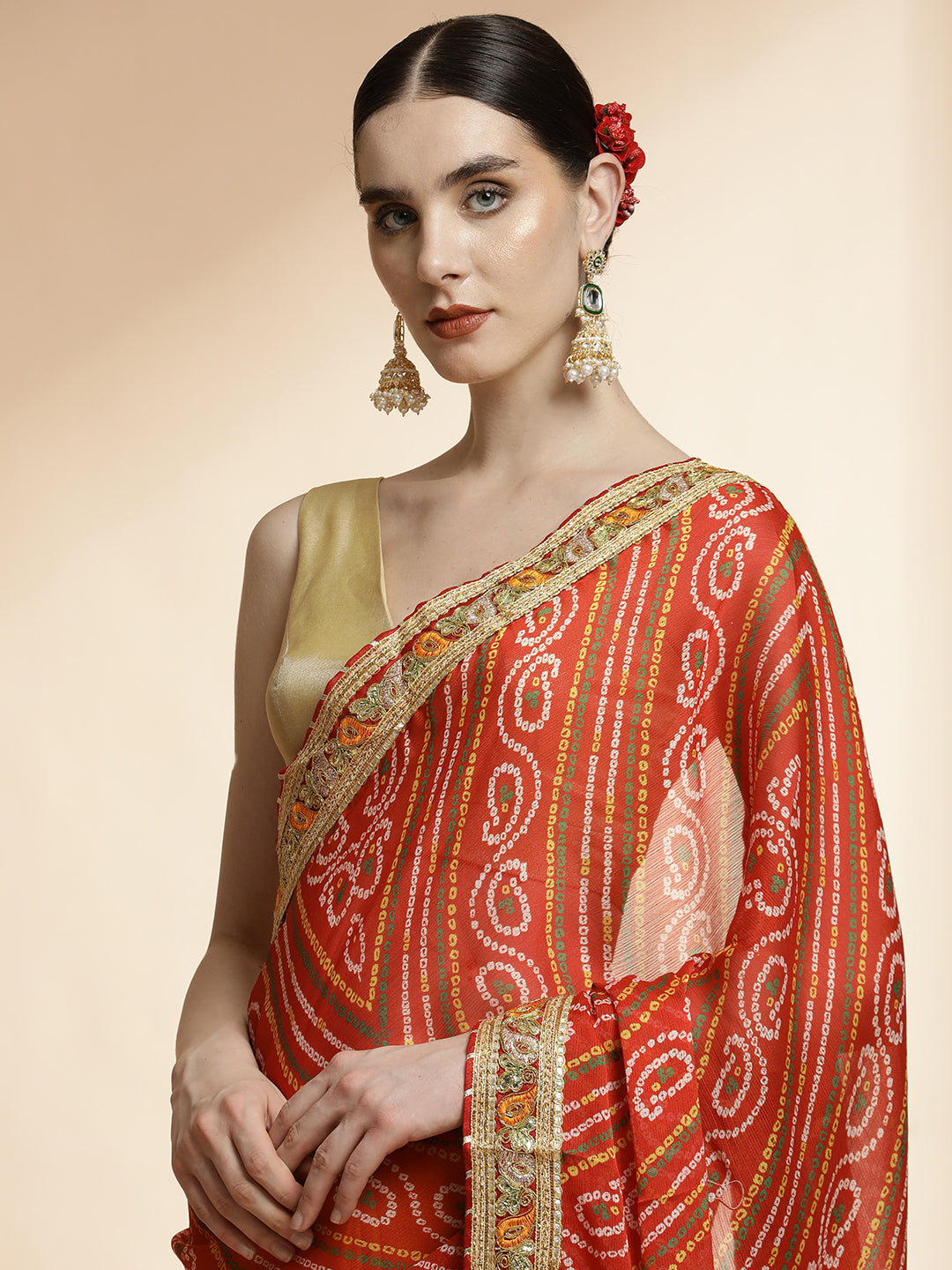 Red Heavy Bandhani Embroidered Pure Georgette Saree