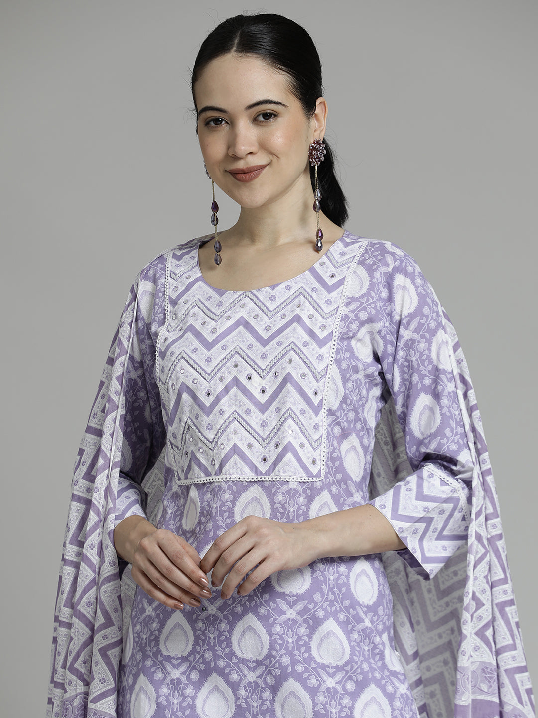 Lavender Ethnic Printed Cotton Kurta Set With Dupatta