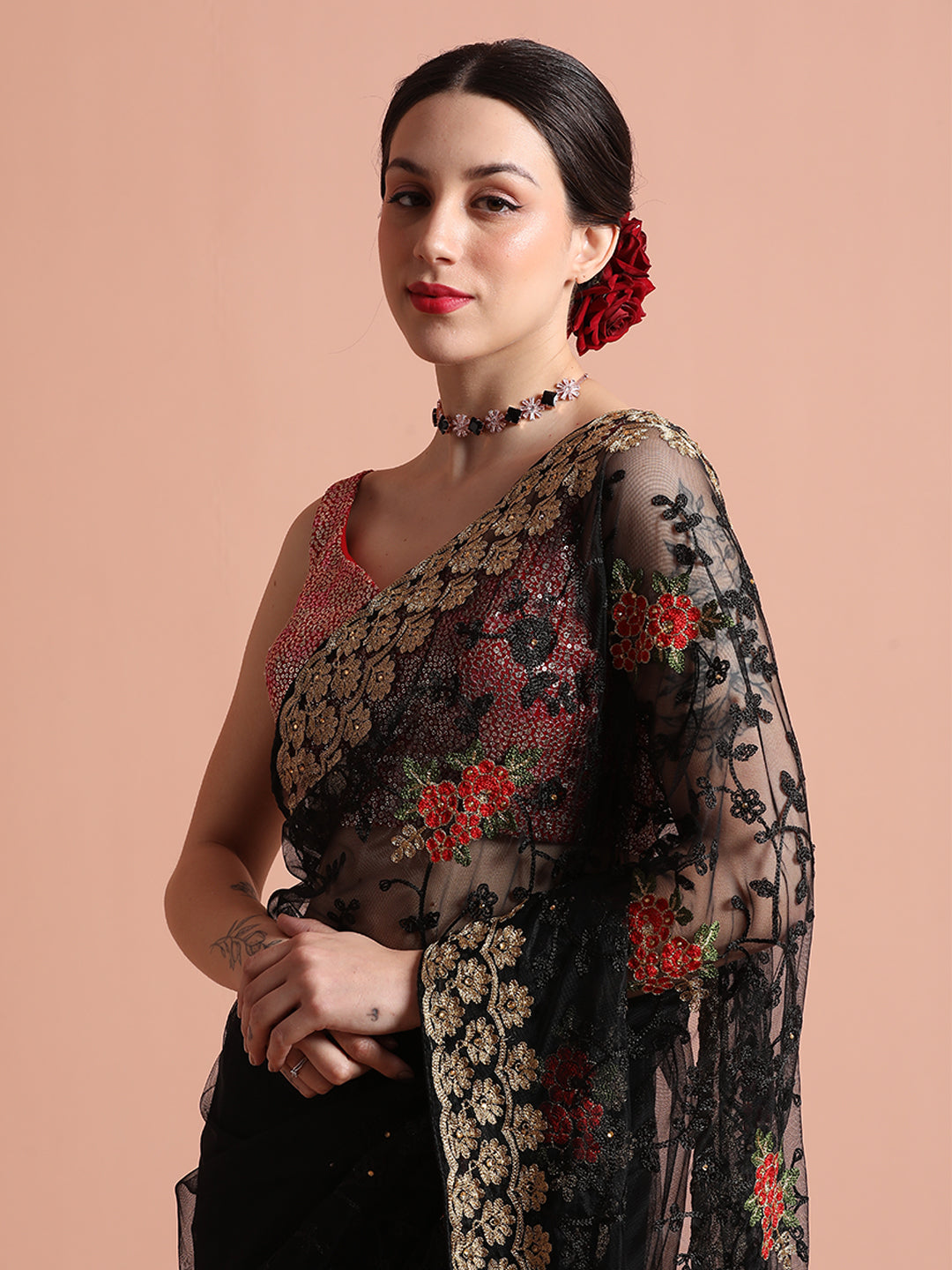 Black Floral Embroidered Net Party Wear Saree