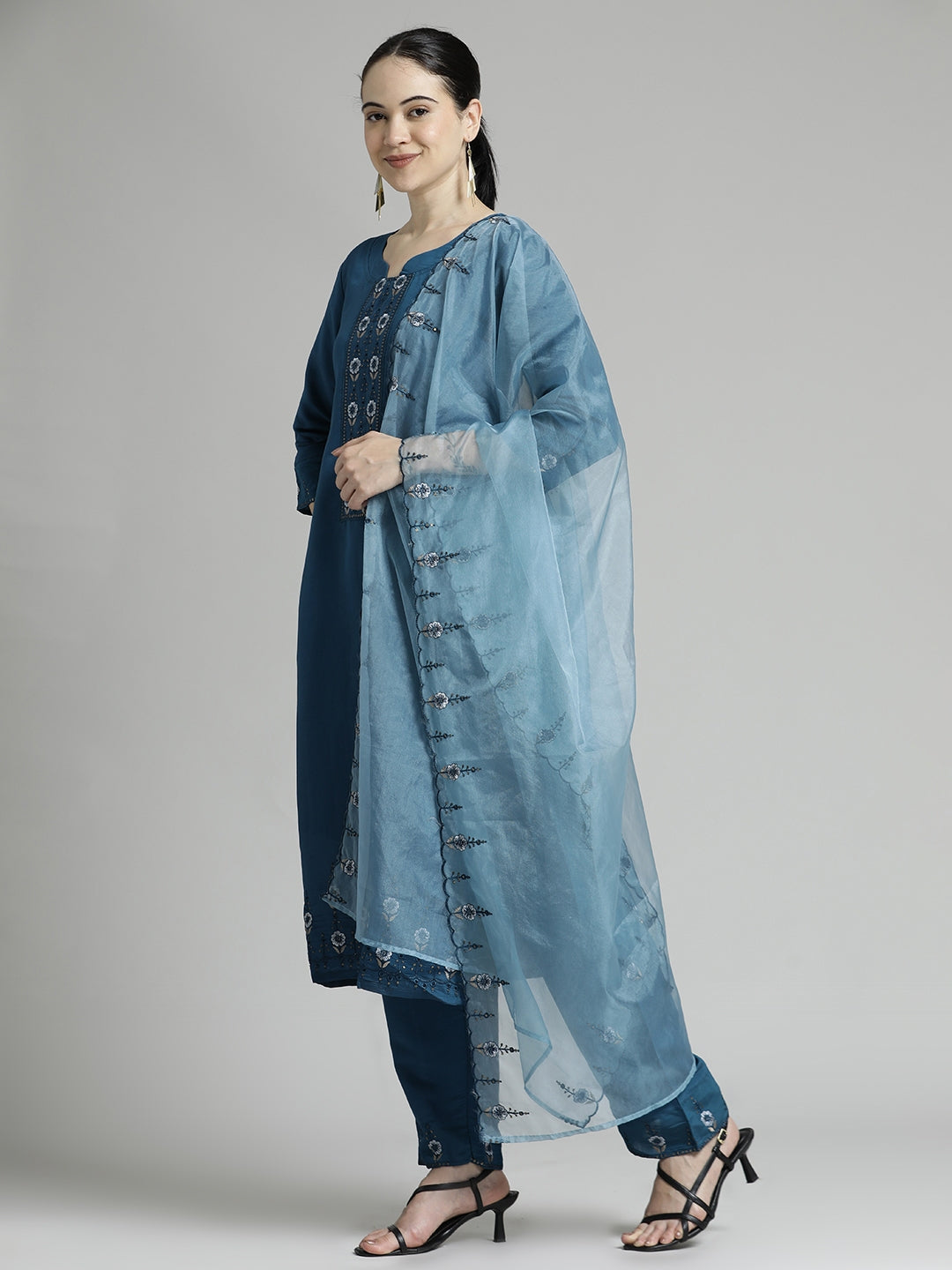 Blue Embroidered Chinon Kurta Set With Dupatta