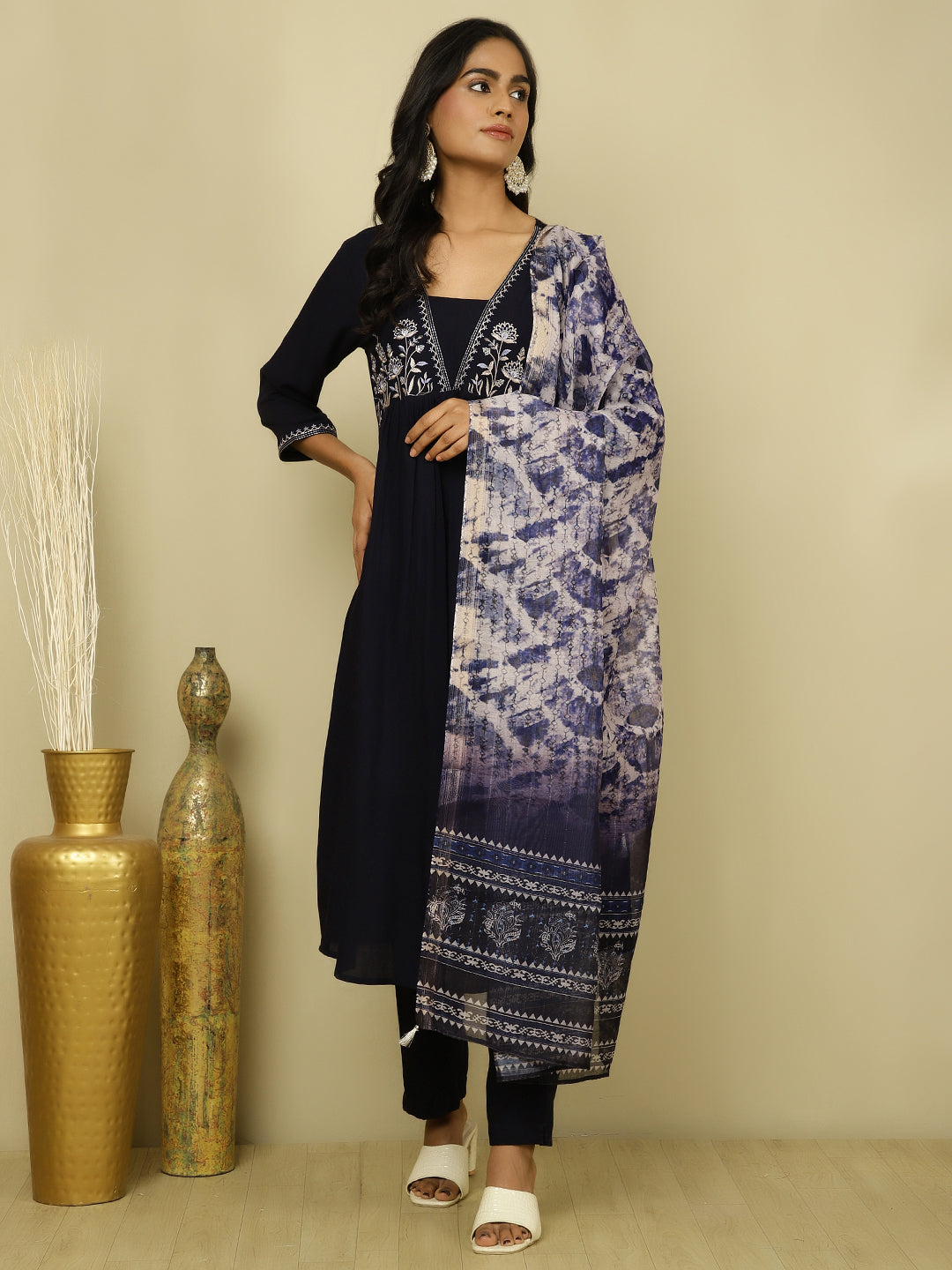 Navy Blue Embroidered Suit Set