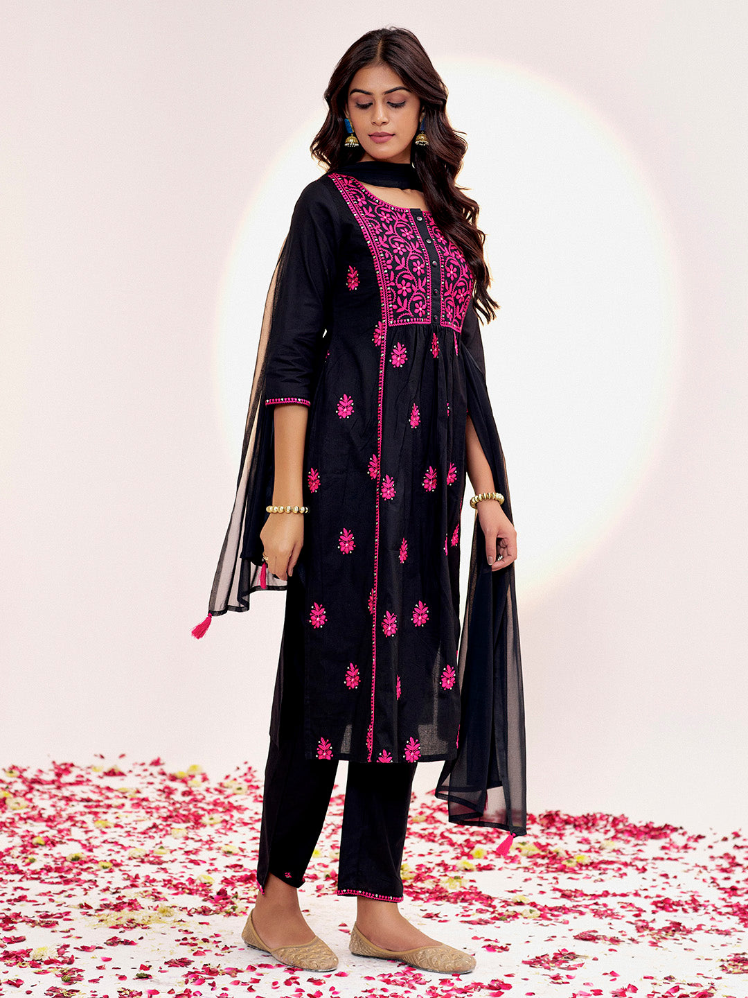 Black Threadwork Festive Pure Cotton Kurta Set With Dupatta