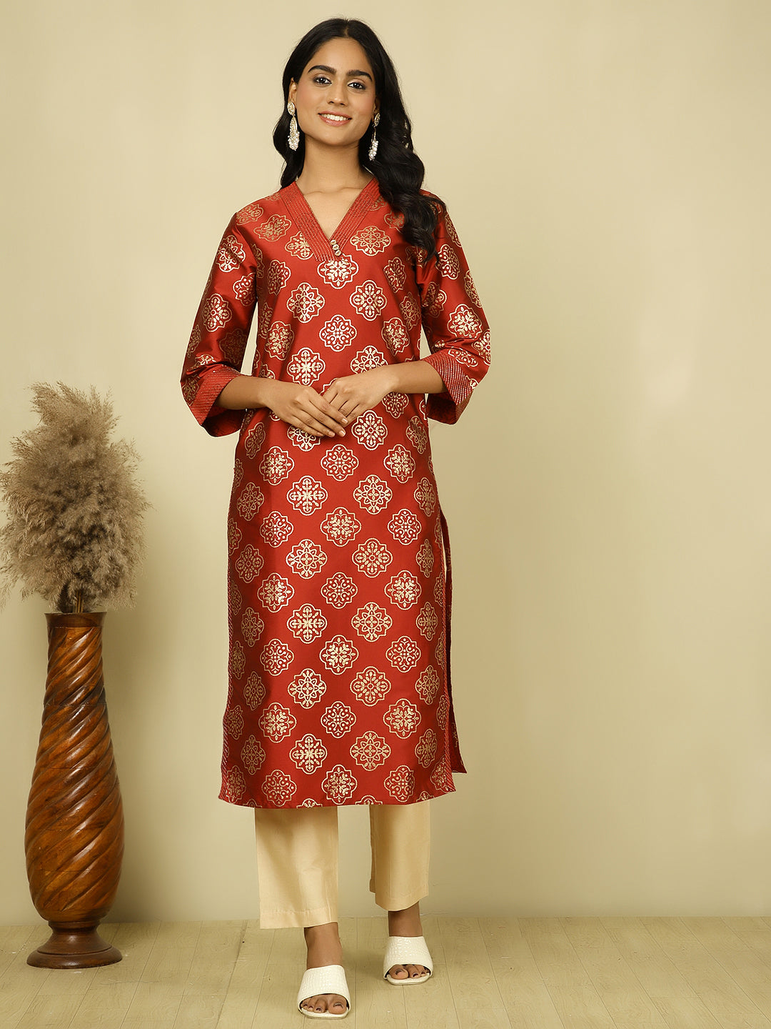 Red Ethnic Printed Straight Kurta