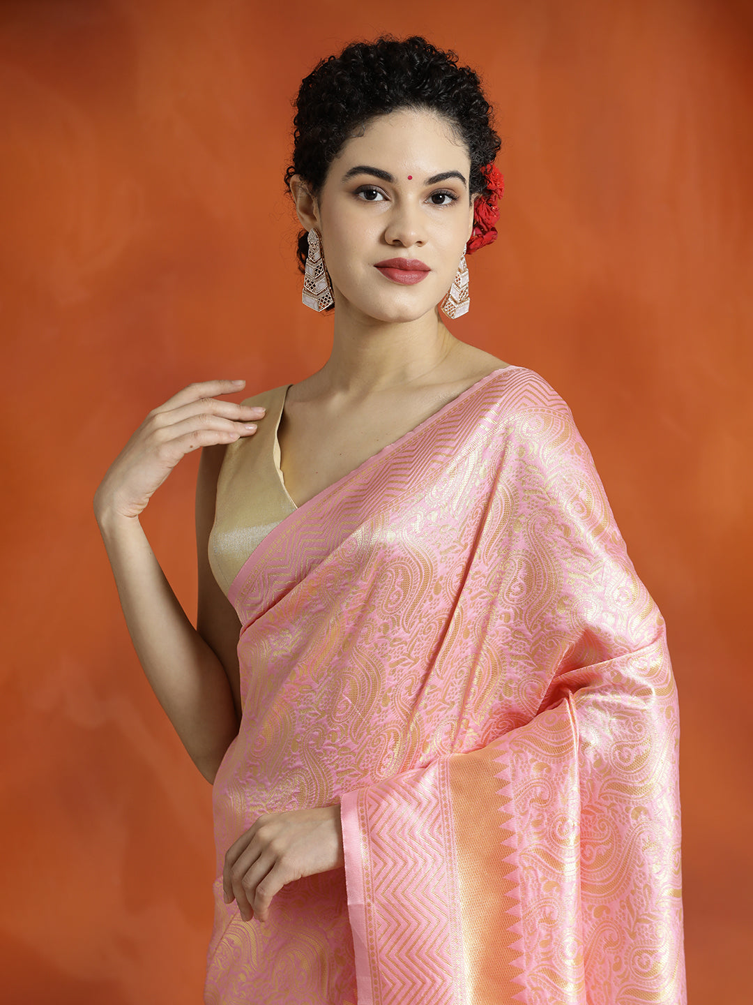 Baby Pink Heavy Banarasi Zari Woven Silk Blend Saree