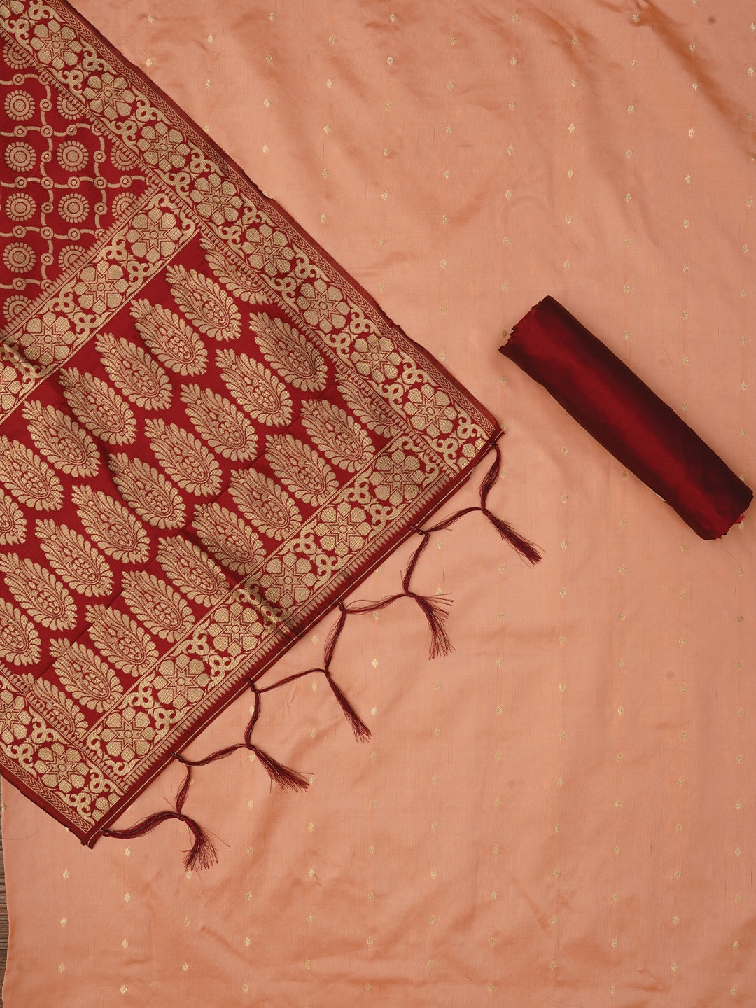 Maroon Zari Woven Silk Blend Dress Material With Dupatta