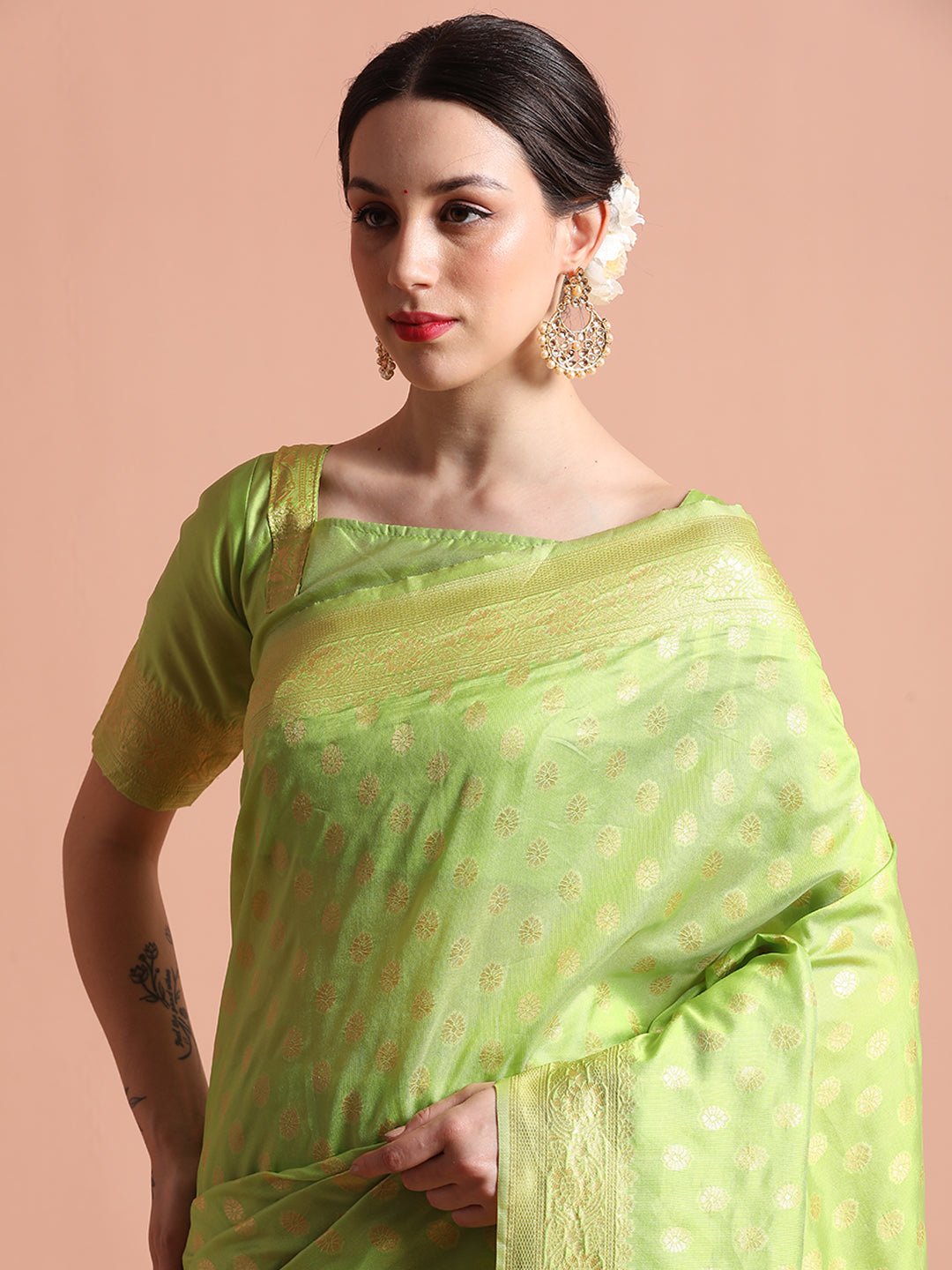 Pista Green Heavy Banarasi Zari Woven Silk Blend Saree