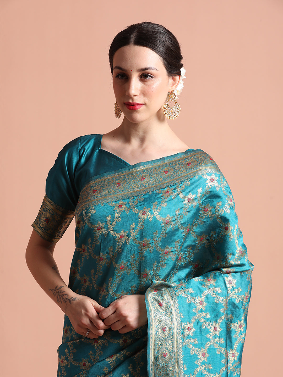 Teal Banarasi Zari Woven Silk Blend Saree