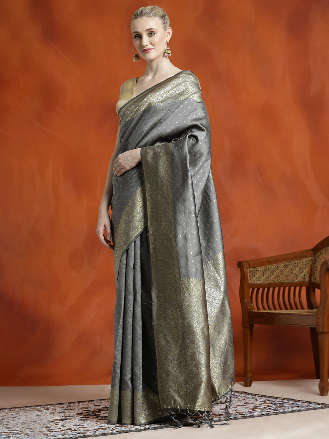 Grey Silk Banarasi Zari Woven Party Wear Saree