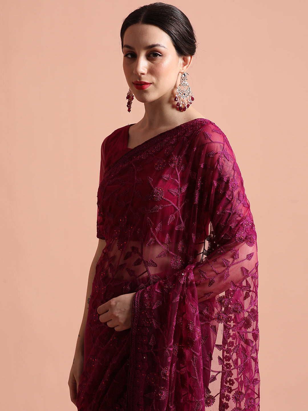 Purple Party Wear Floral Embroidered Net Saree