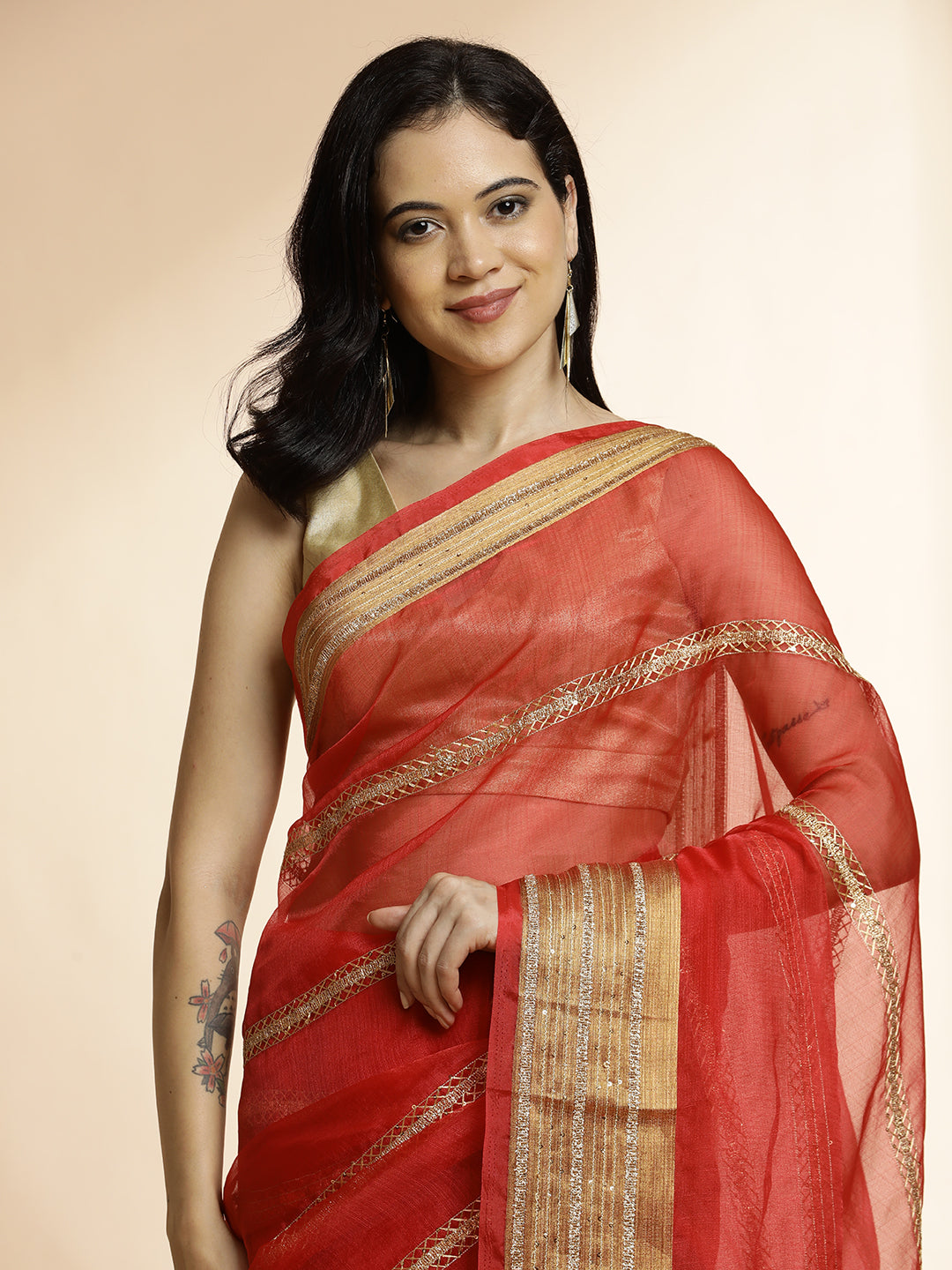 Woven Design Khadi Organza Red Saree