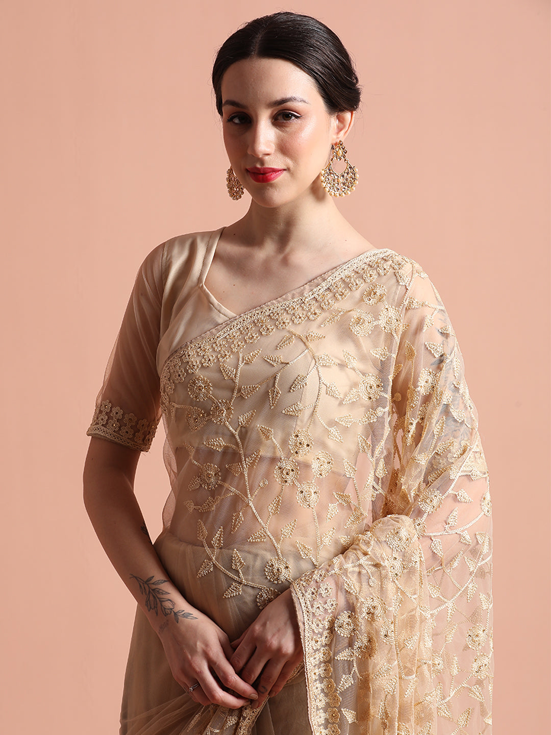 Beige Party Wear Floral Embroidered Net Saree