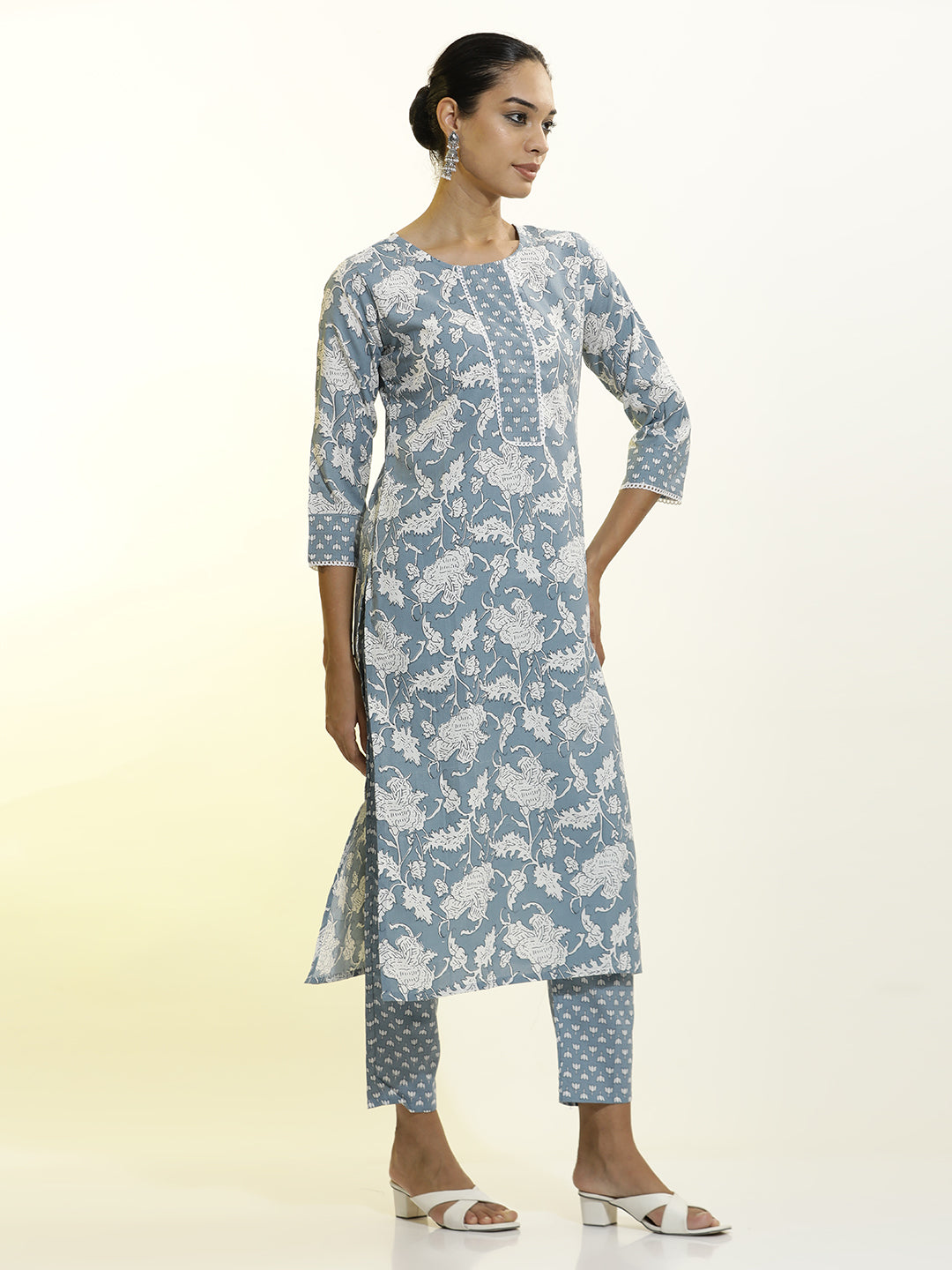 Grey Cotton Printed Straight Kurta Set