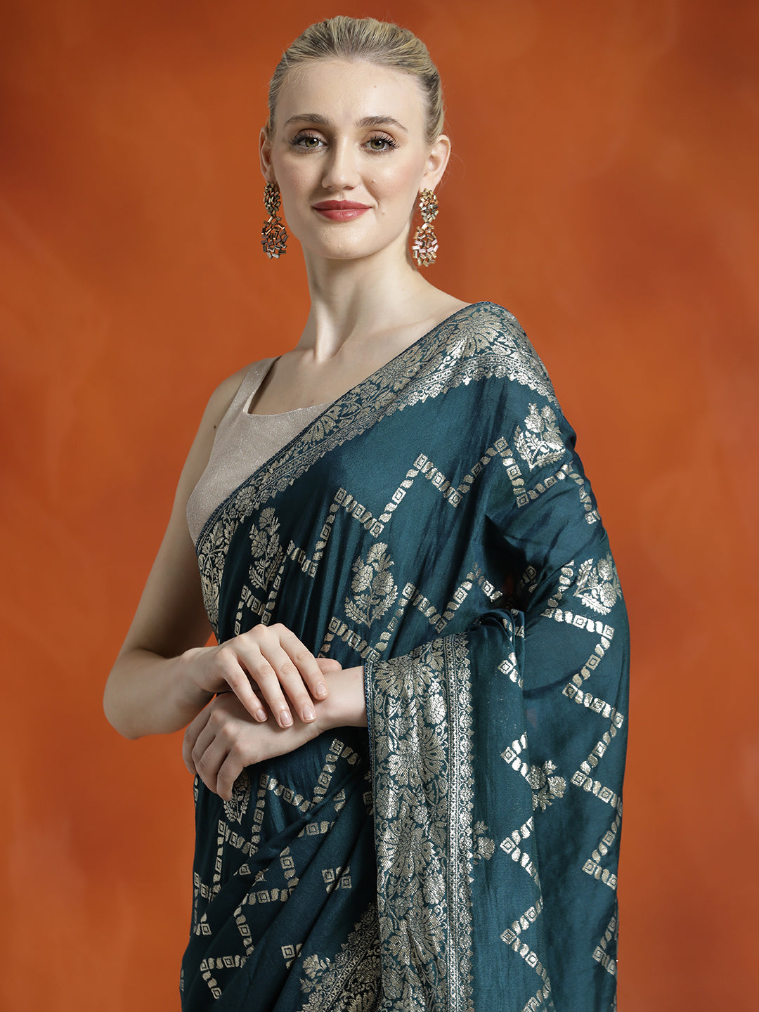 Heavy Banarasi Zari Woven Silk Blend Teal Saree