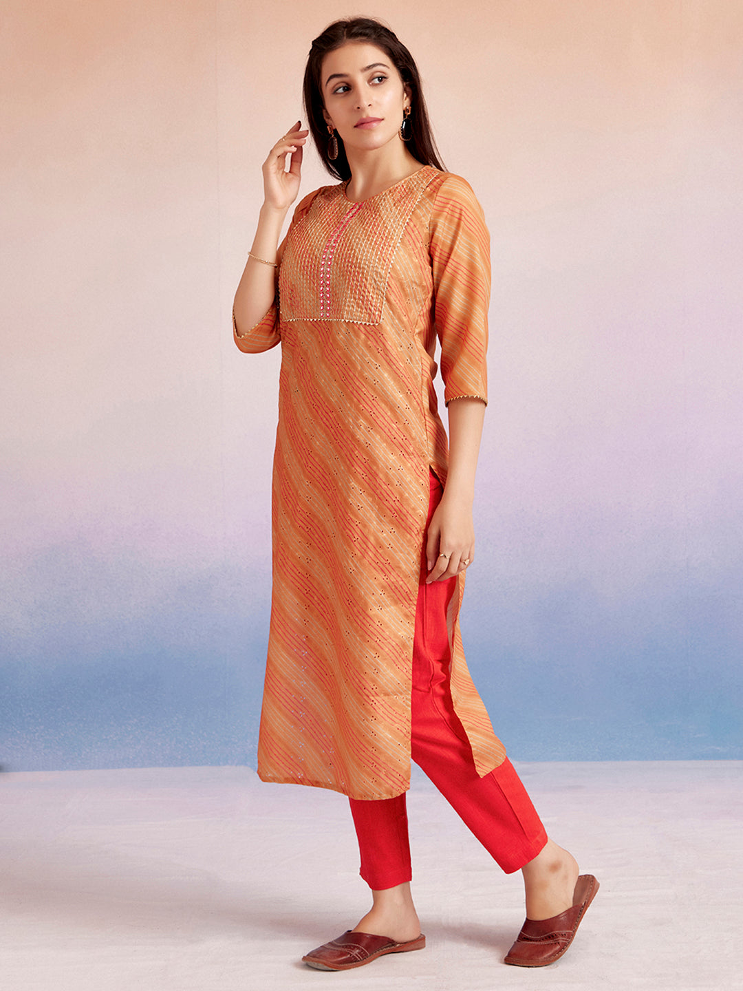 Leheriya Printed Schiffli Orange Straight Kurta