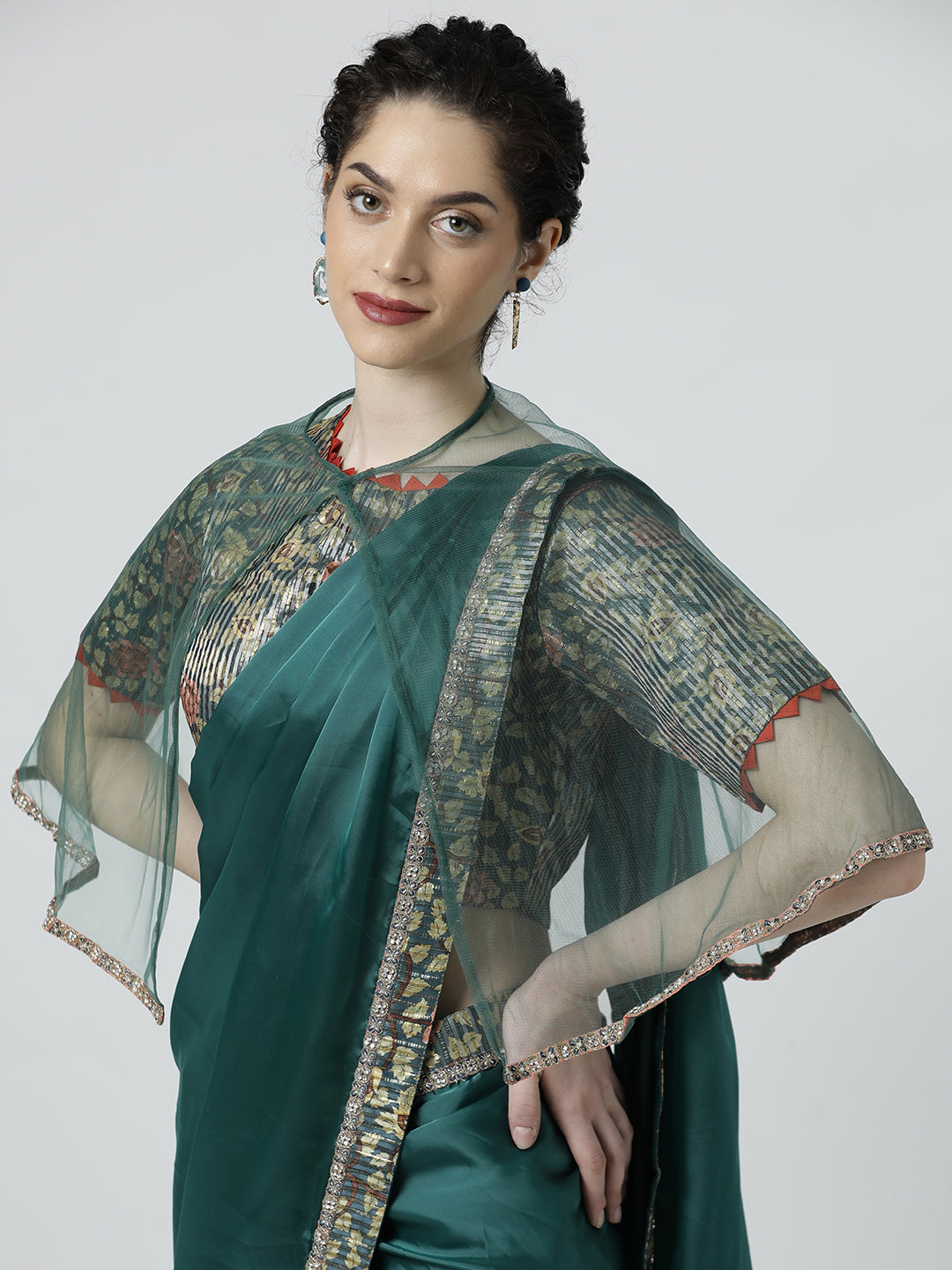 Green Satin Silk Readymade Saree with Readymade Blouse