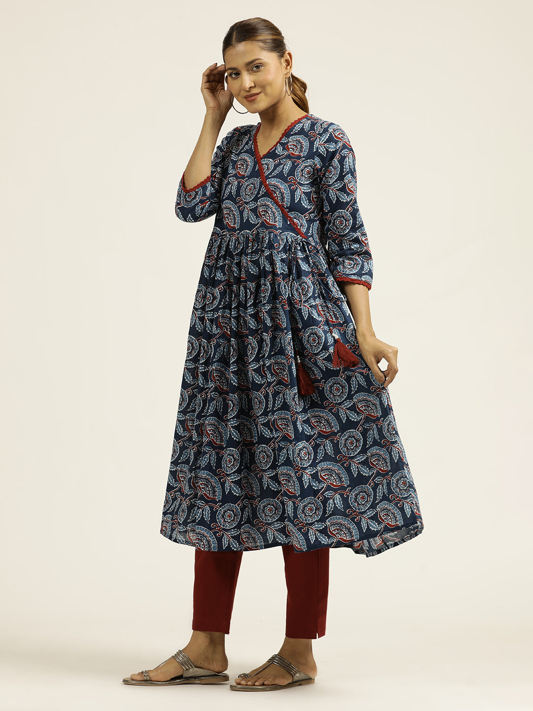 Ethnic Printed Indigo Cotton Gathered Kurta