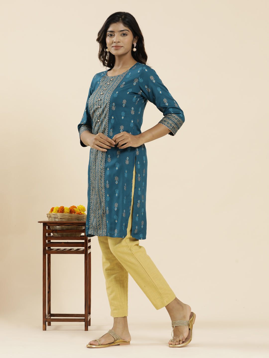 Teal Ethnic Printed Straight Kurta