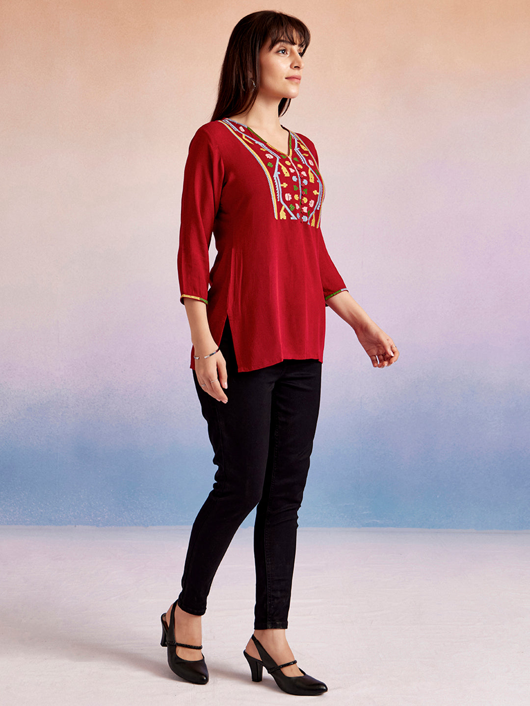 Solid Red Embroidered Casual Top