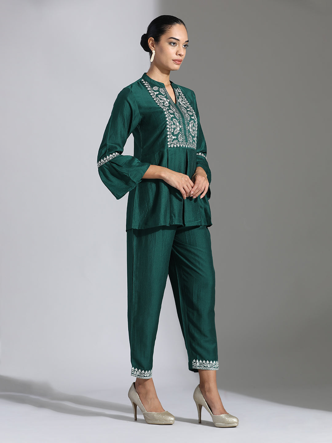 Dark Green Chinon Floral Embroidered Top With Trousers Co-ord Set